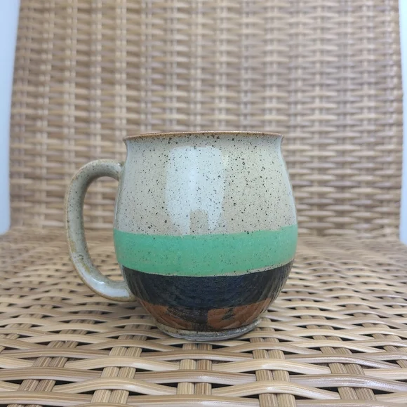 Coffee Tea Ceramic Handmade Handled Mug Cup Green Brown - Picture 2 of 8